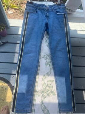 Zara Blue Skinny Jeans with Yellow & Black Side Stripes